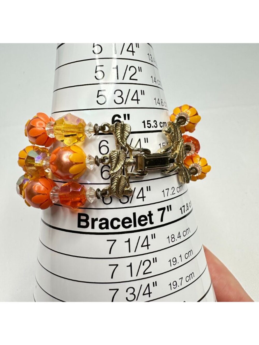 Vintage 1960s Three-Strand Lucite Bead Bracelet Mod Orange & Yellow Flower Retro - Picture 11 of 12